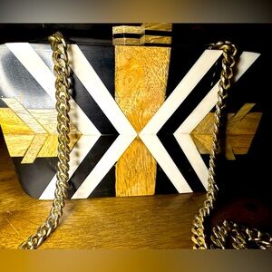 Gretchen Scott Wood Parquay Clutch Handbag With 21” Separately Sold Gold Chain